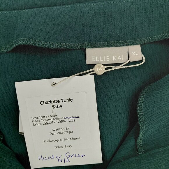 Ellie Kai Popover Blouse Size XL Hunter Green Ruffled Bell Sleeve Textured Crepe - Picture 4 of 10
